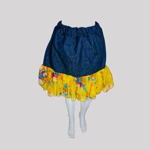 Oookies Wear Handmade Denim Floral Ruffle Midi Skirt
